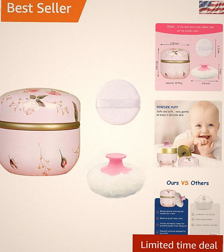 Portable Body Powder Puff with Artistic Floral Powder Case for Sensitive Skin